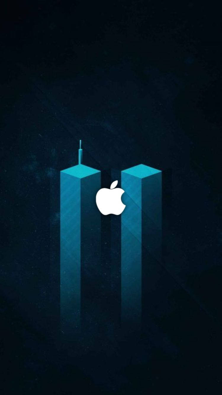 iPhone 動態 桌布 壁紙 — 一個發光的藍色Apple標誌，位於兩座高聳摩天大樓之間，背景是黑暗的宇宙。