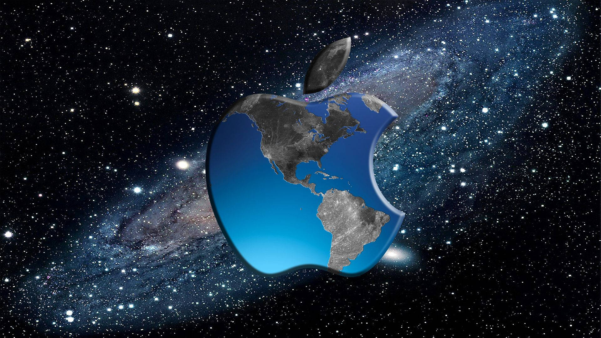 Laptop Desktop 桌布 壁紙 — 一個發光的藍色Apple標誌，內有地球的大陸，漂浮在一個繁星點點的宇宙場景中，背後有銀河漩渦。