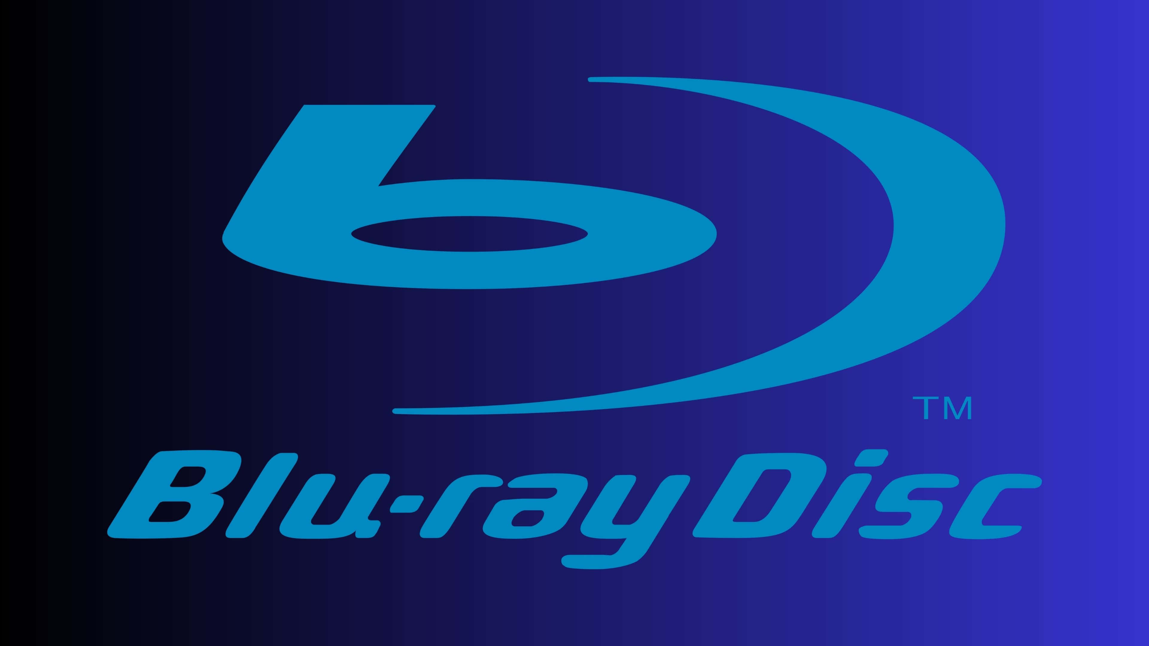 4K Blu-ray 桌布 壁紙 — 一個發光的藍色Blu-ray Disc標誌，居中於帶有微妙垂直條紋的漸變藍色背景上。