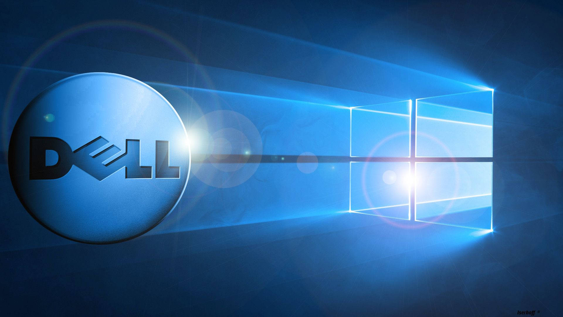 戴爾 HD 桌布 壁紙 — 一個發光的藍色Dell標誌漂浮在一個閃耀的Windows 10視窗徽章旁邊，背景是帶有鏡頭光暈的深藍色漸層背景。