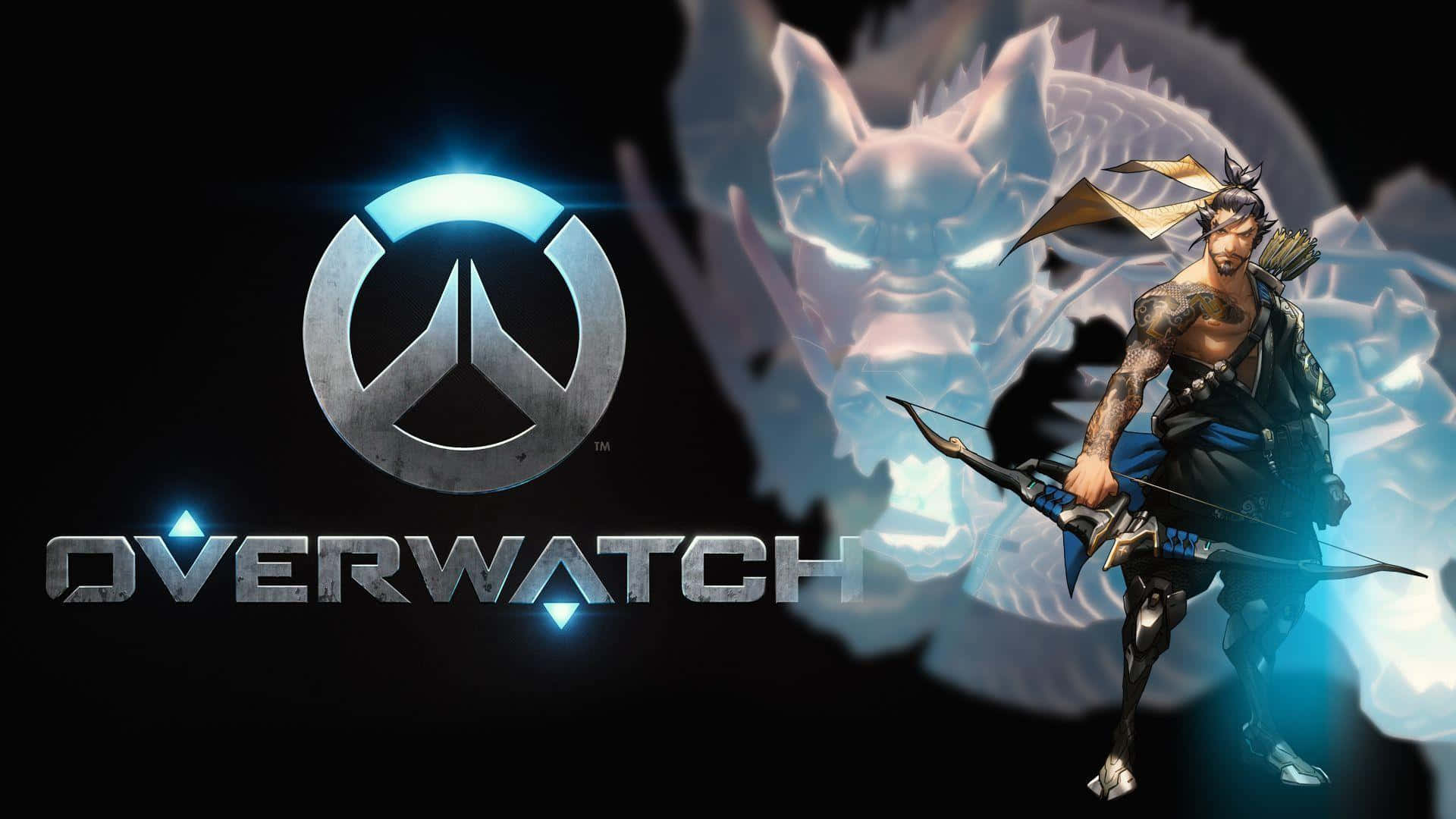 Overwatch Hanzo 桌布 壁紙 — 一個發光的藍色Overwatch標誌在黑暗背景下，旁邊有一個持弓的角色，身後有一隻幽靈狼。