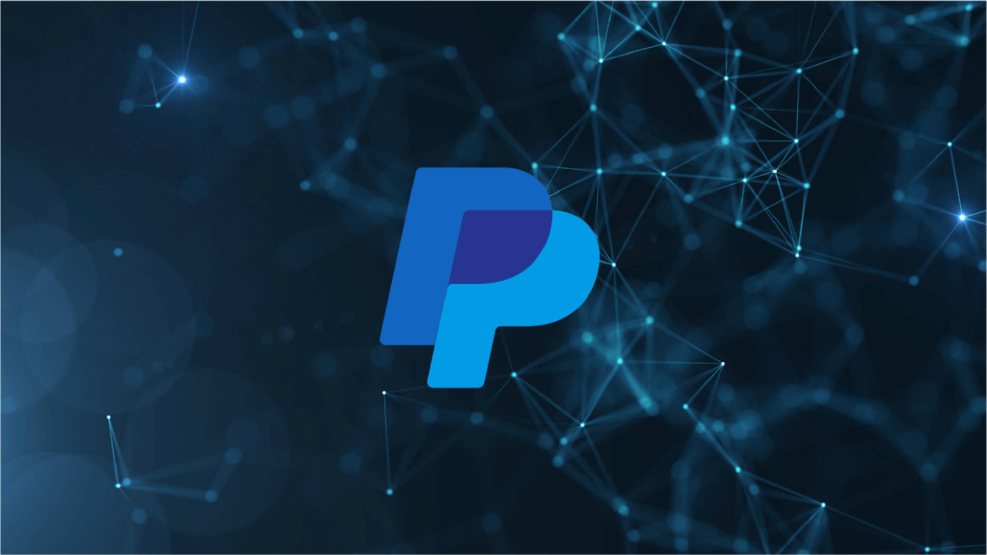 PayPal 桌布 壁紙 — 一個發光的藍色PayPal標誌，居中於一個由連接點和線組成的深色數位網路背景上。