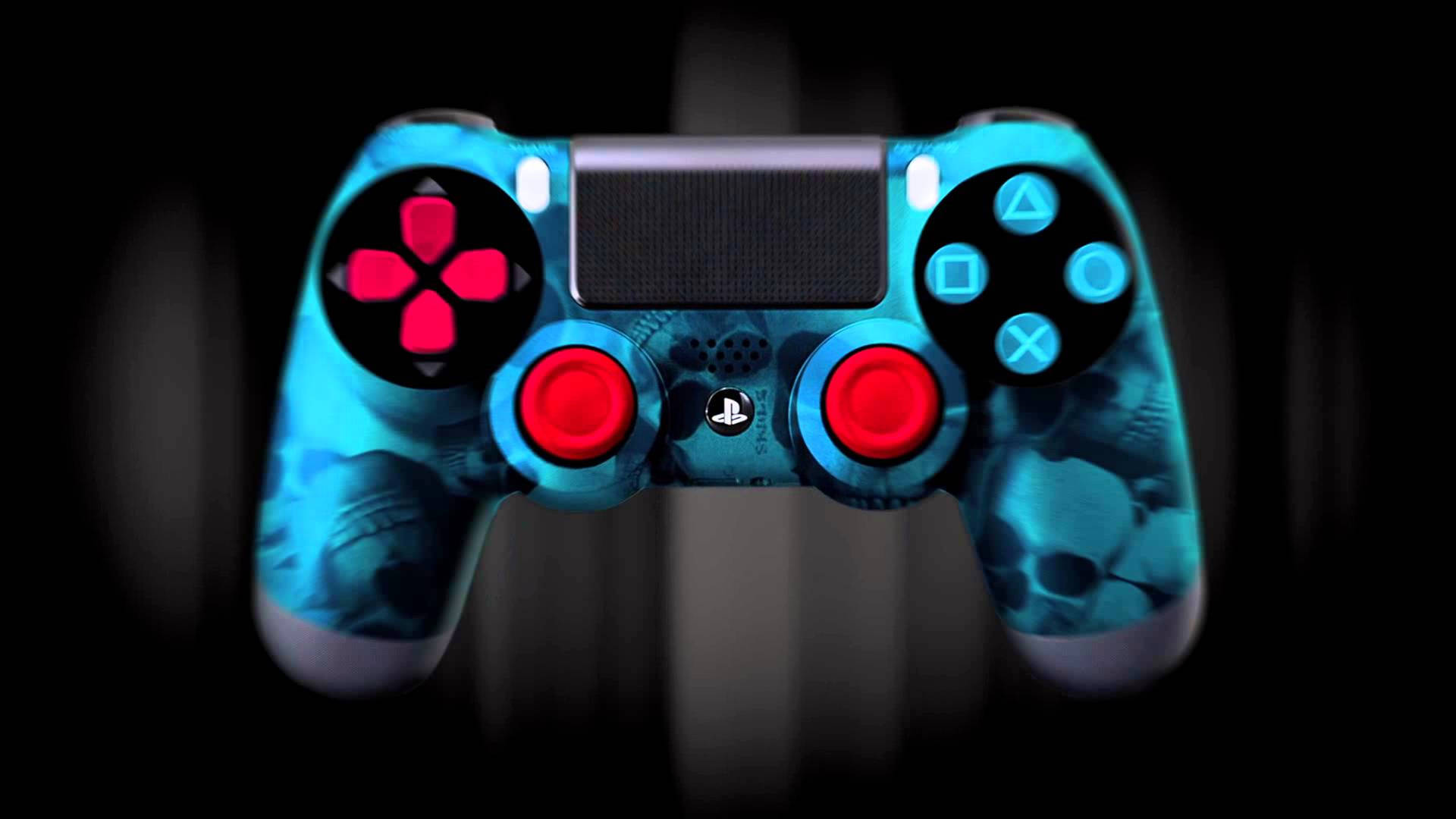 發光的藍色遊戲控制器，帶有紅色按鈕和骷髏設計。 — Ps4 壁紙