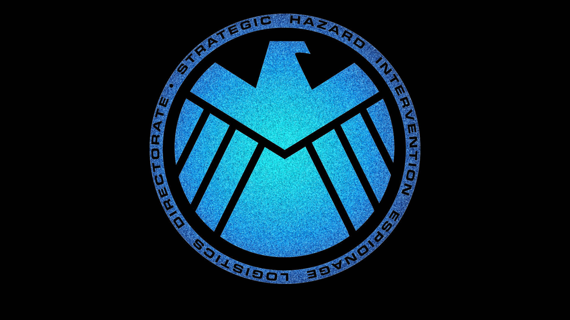 Marvel Logo 桌布 壁紙 — 一個發光的藍色SHIELD標誌，帶有紋理漸變和粗黑輪廓，居中在純黑色背景上。