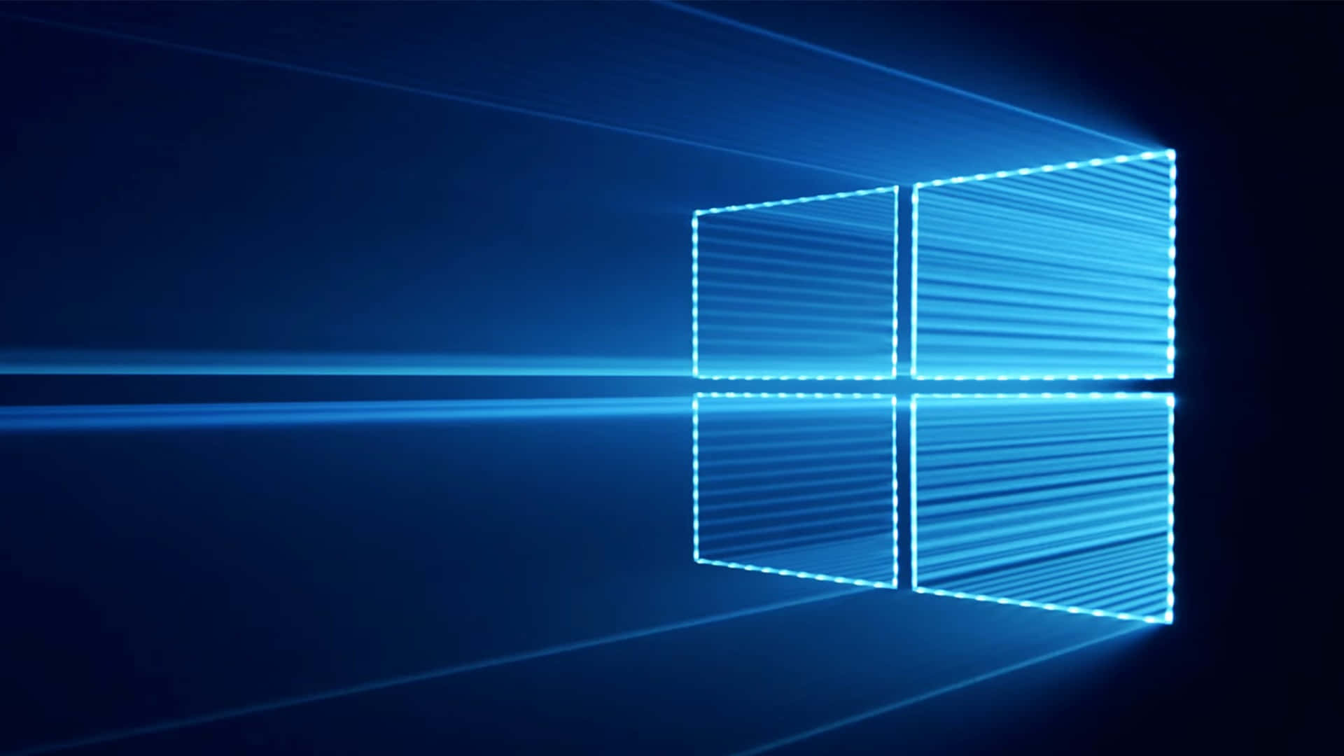 Windows 10 桌布 壁紙 — 一個發光的藍色Windows標誌在黑暗背景上散發出光束，呈現時尚的數位設計。