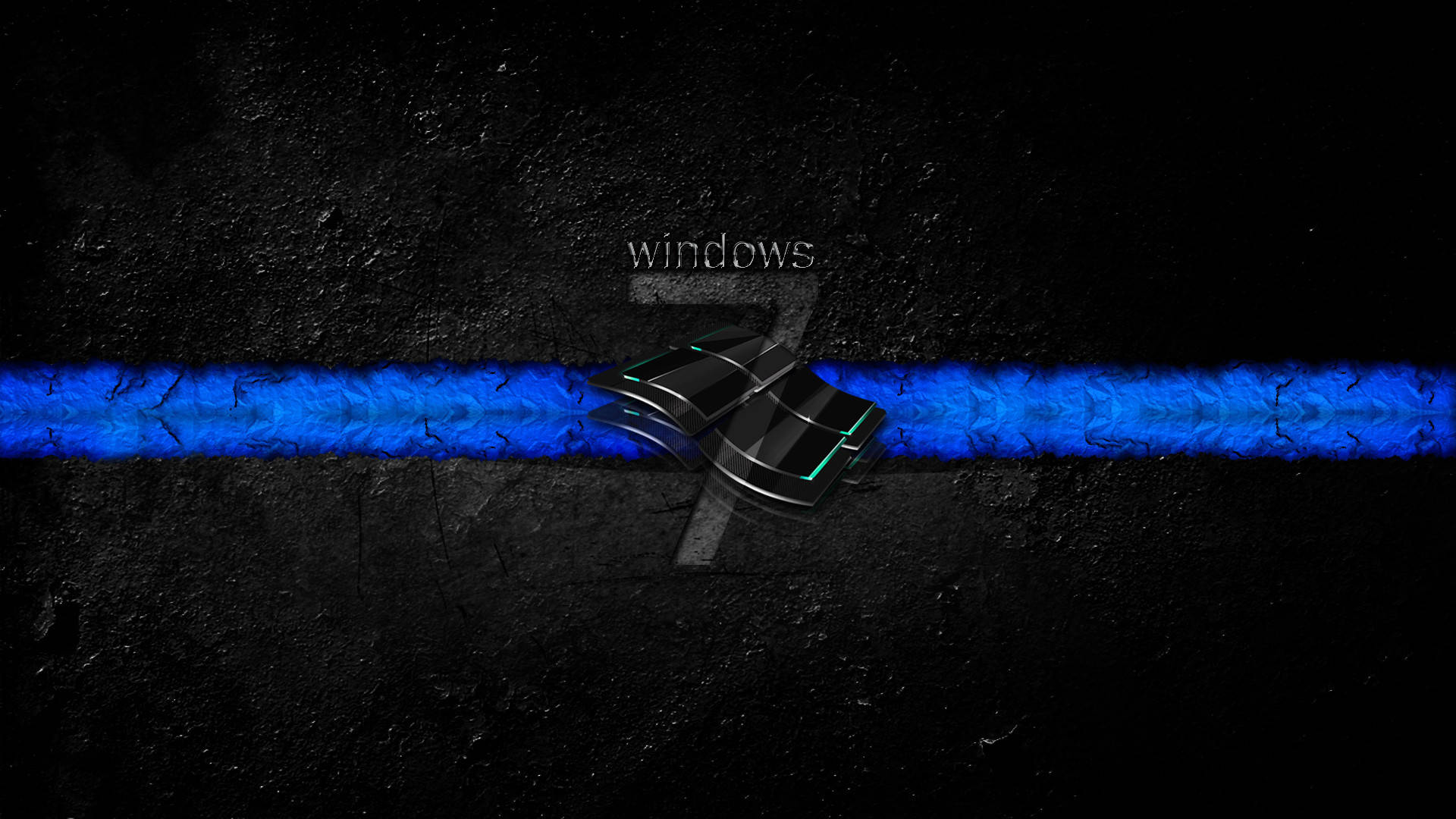Dark Windows 桌布 壁紙 — 一個發光的藍色Windows標誌放在一條裂開的瀝青路上，天空陰暗，上方隱約有windows字樣。