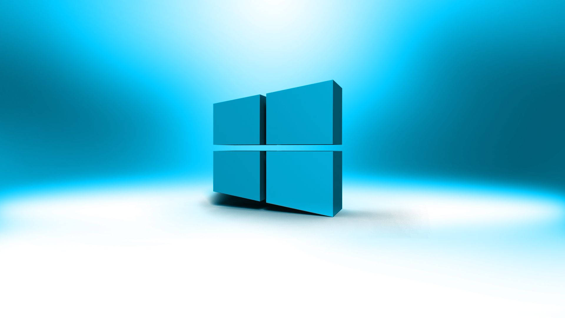 Windows 10 高畫質 桌布 壁紙 — 一個發光的藍色Windows標誌居中放置在漸層藍白相間的工作室地板上，光線柔和。