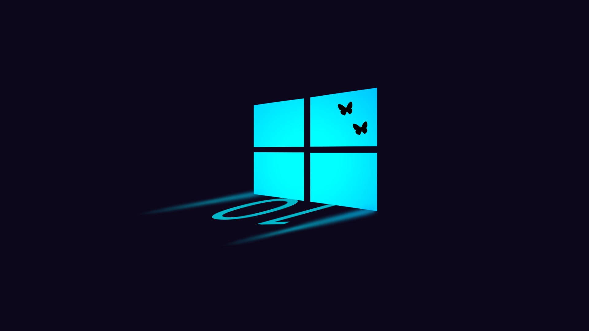 Dark Windows 桌布 壁紙 — 一個發光的藍色Windows標誌，有兩隻蝴蝶在它的右上角窗格附近飛翔，背景為深色。