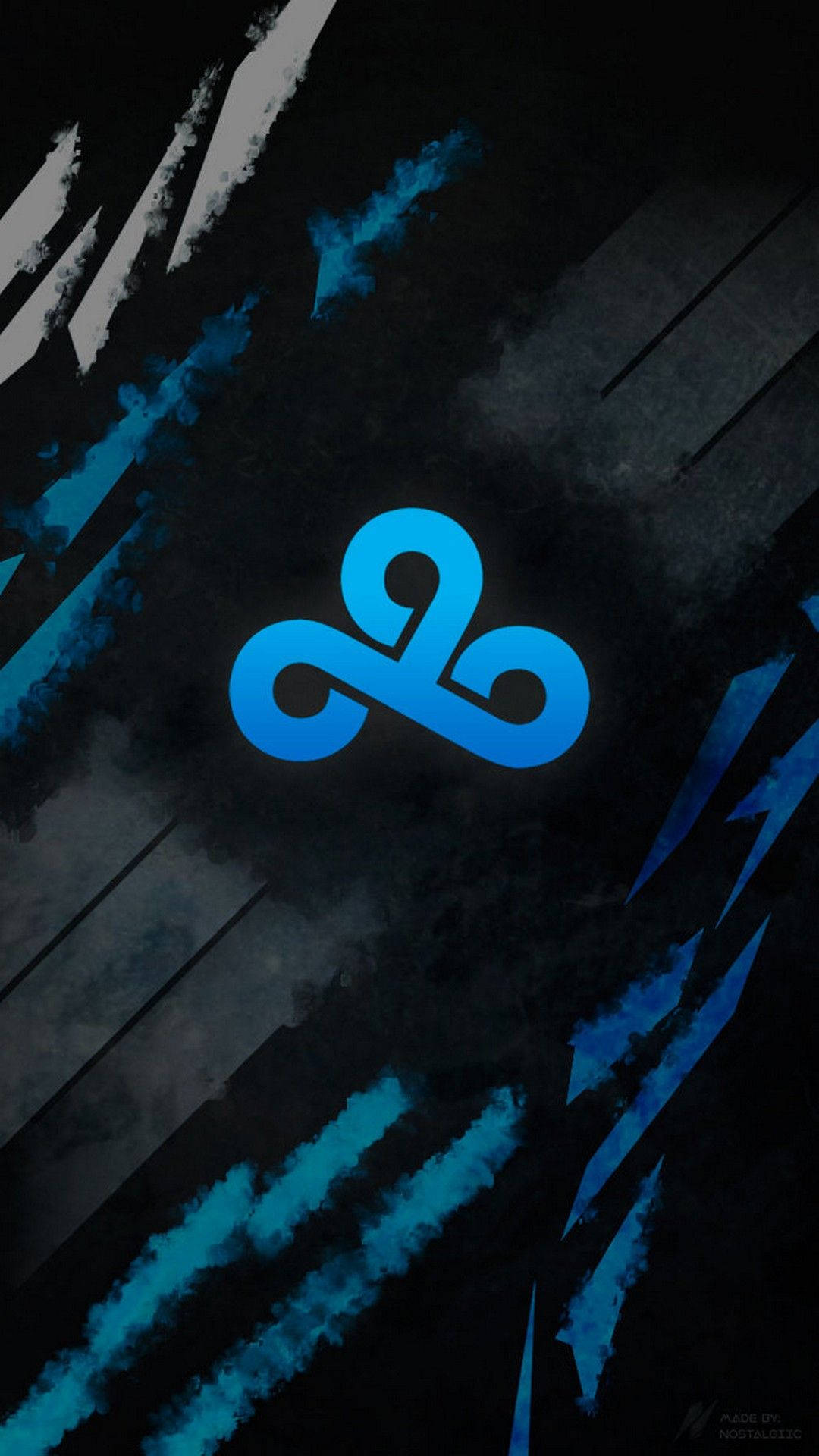Cloud9 桌布 壁紙 — 一個發光的藍色三曲腿圖標誌，置於帶有電光藍和白色條紋的深色抽象背景中央。