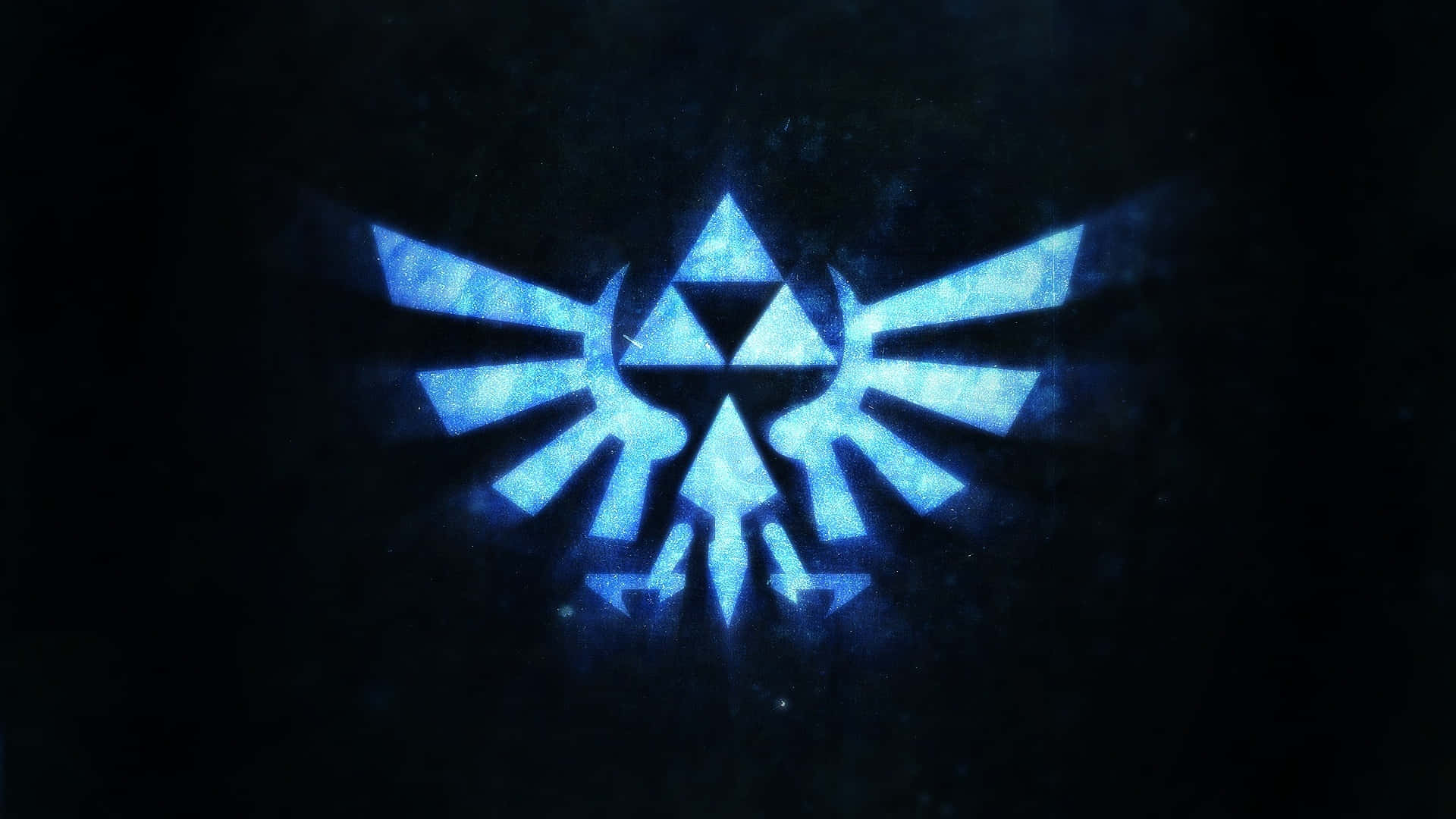 triforce 桌布 壁紙 — 一個發光的藍色三角力量符號在帶有微妙粒子效果的深色紋理背景上散發光芒。