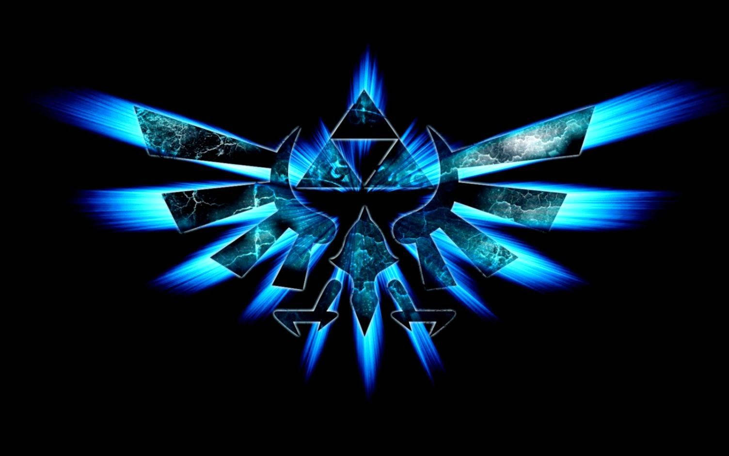 發光的藍色三角力量符號，在黑色背景上帶有電光射線 — Valorant Logo 壁紙