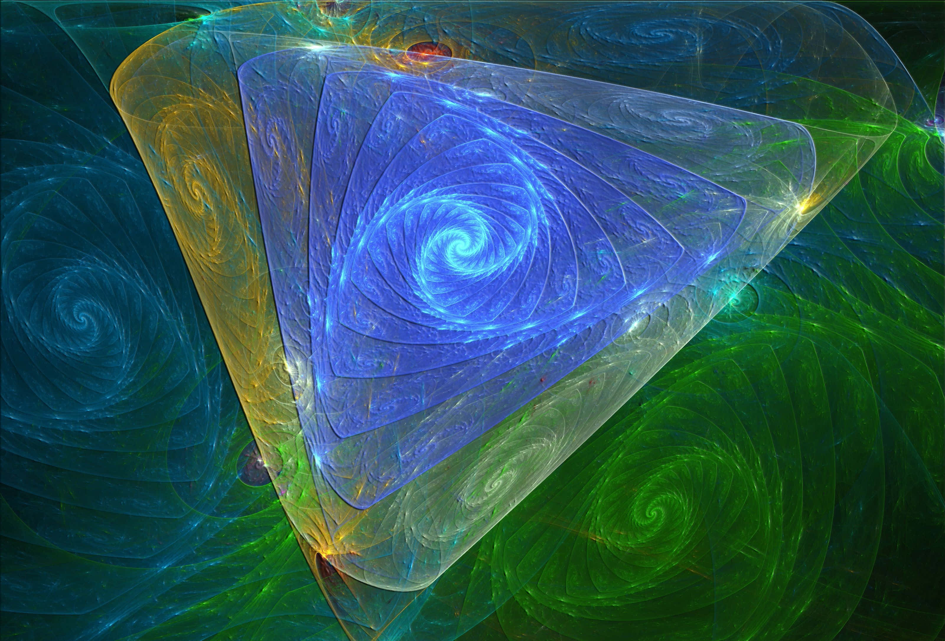 Bermuda Triangle 桌布 壁紙 — 一個發光的藍色三角形碎形，帶有漩渦圖案，漂浮在綠色和金色的宇宙漩渦中。