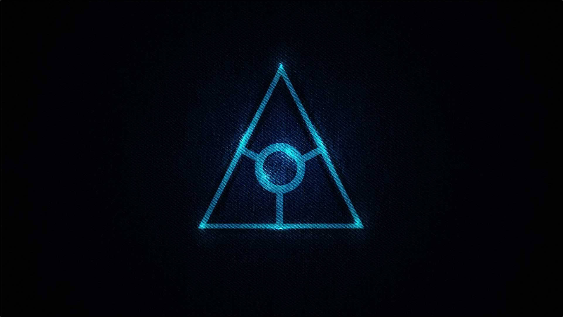 illuminati 桌布 壁紙 — 一個發光的藍色三角形符號，中央有一個圓圈，在深色背景上脈動。