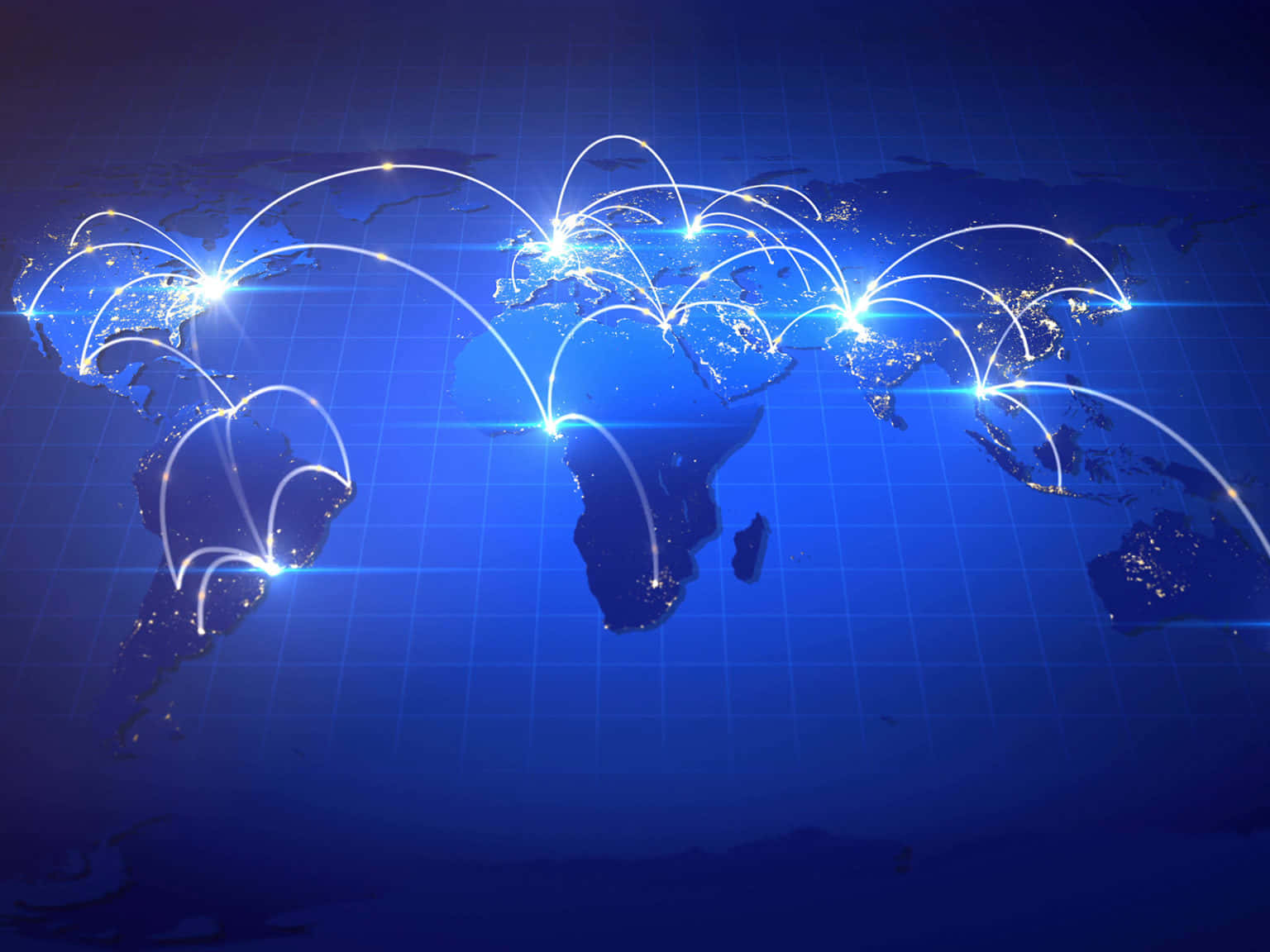 Global 桌布 壁紙 — 一個發光的藍色世界地圖，帶有明亮的光跡連接主要城市，象徵全球數位連接。