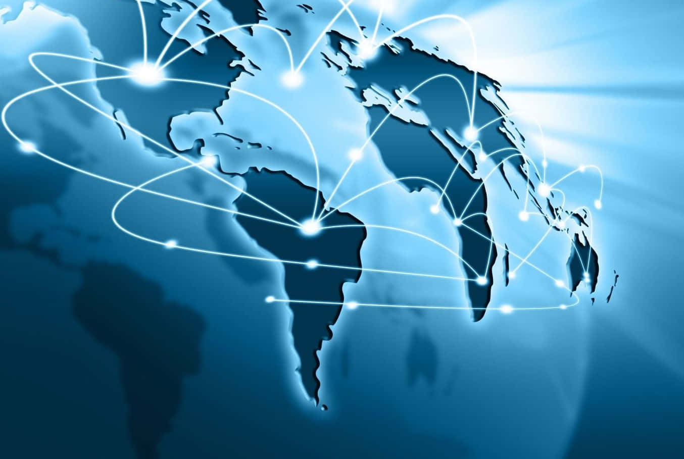 Global 桌布 壁紙 — 一個發光的藍色世界地圖，帶有明亮的白色連接線在大陸之間輻射，象徵全球數位網路。