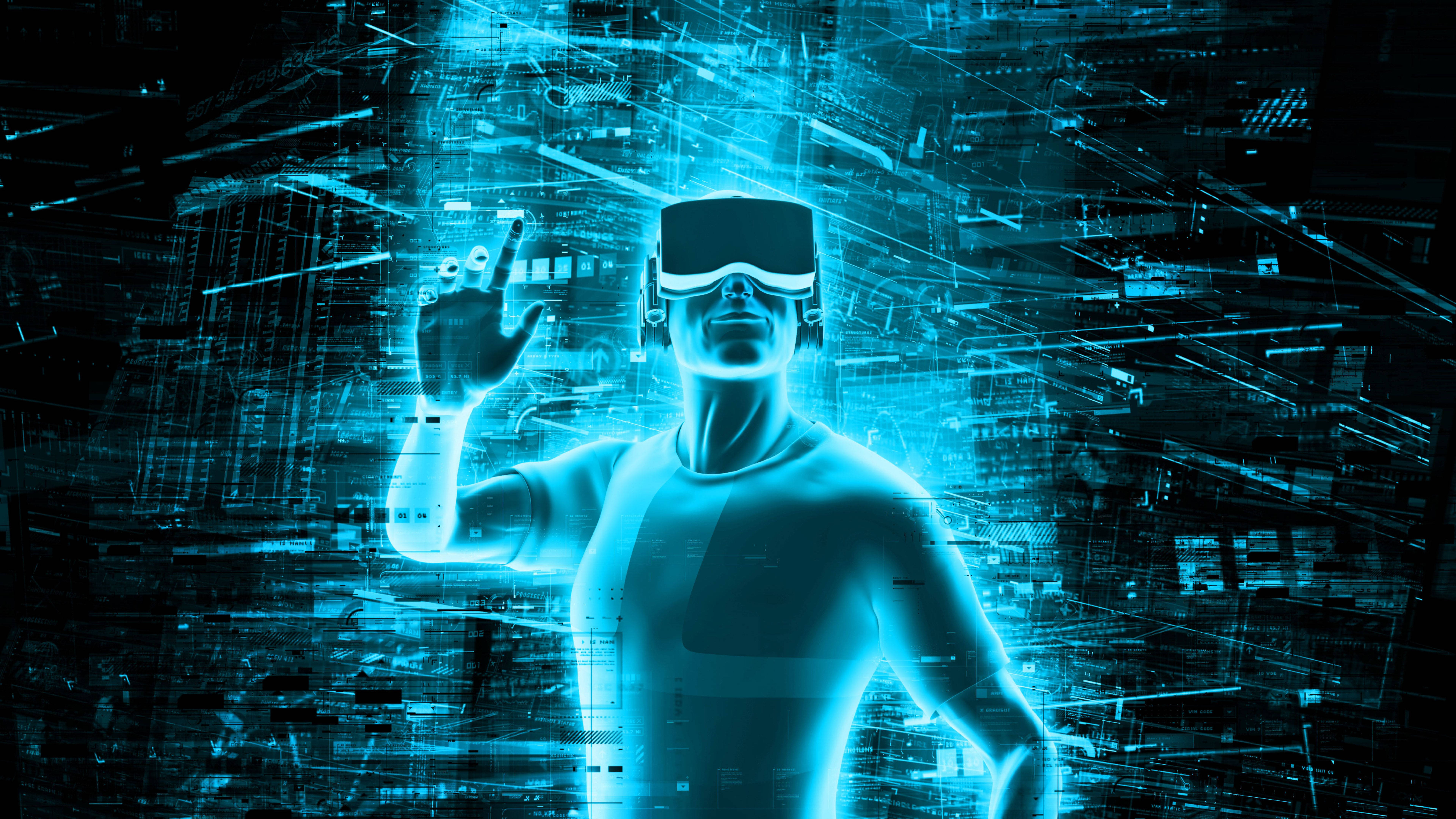 科技動圖 桌布 壁紙 — 一個發光的藍色人形人物戴著VR頭戴式裝置，在黑暗的科技背景下與浮動的數位數據流互動。