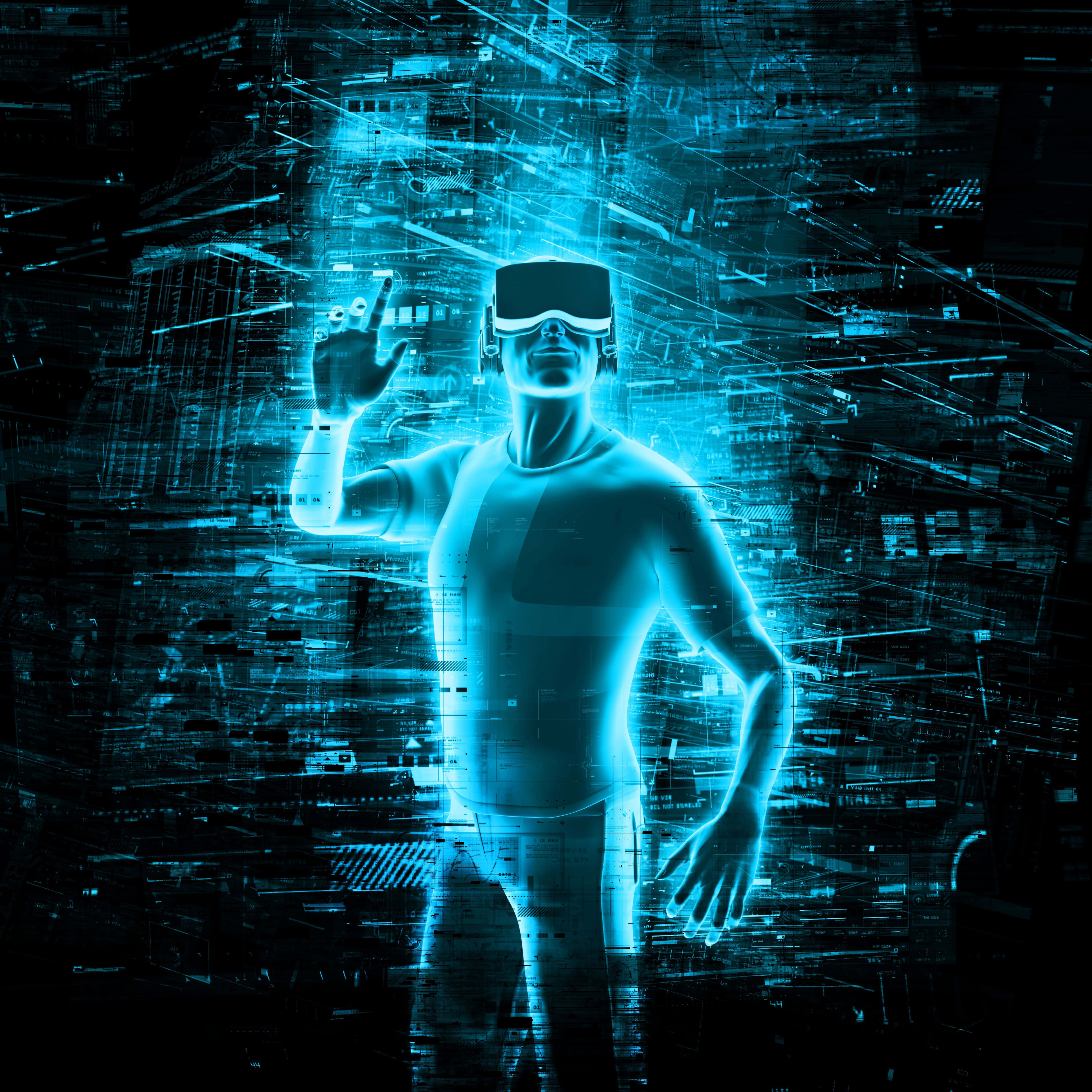 科技動圖 桌布 壁紙 — 一個發光的藍色人形人物戴著VR頭戴式裝置，在黑暗的故障背景中與浮動的數位數據流互動。