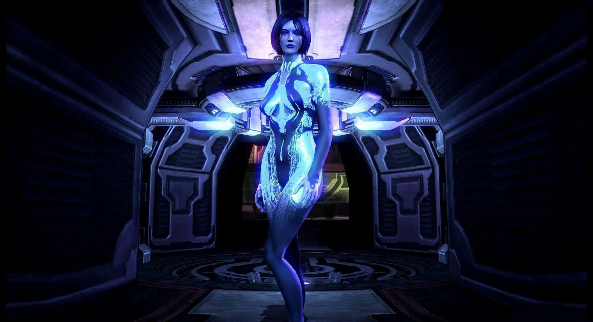 Halo Cortana 桌布 壁紙 — 一個發光的藍色人形身影站在一條充滿霓虹燈和金屬牆壁的未來太空船走廊中。