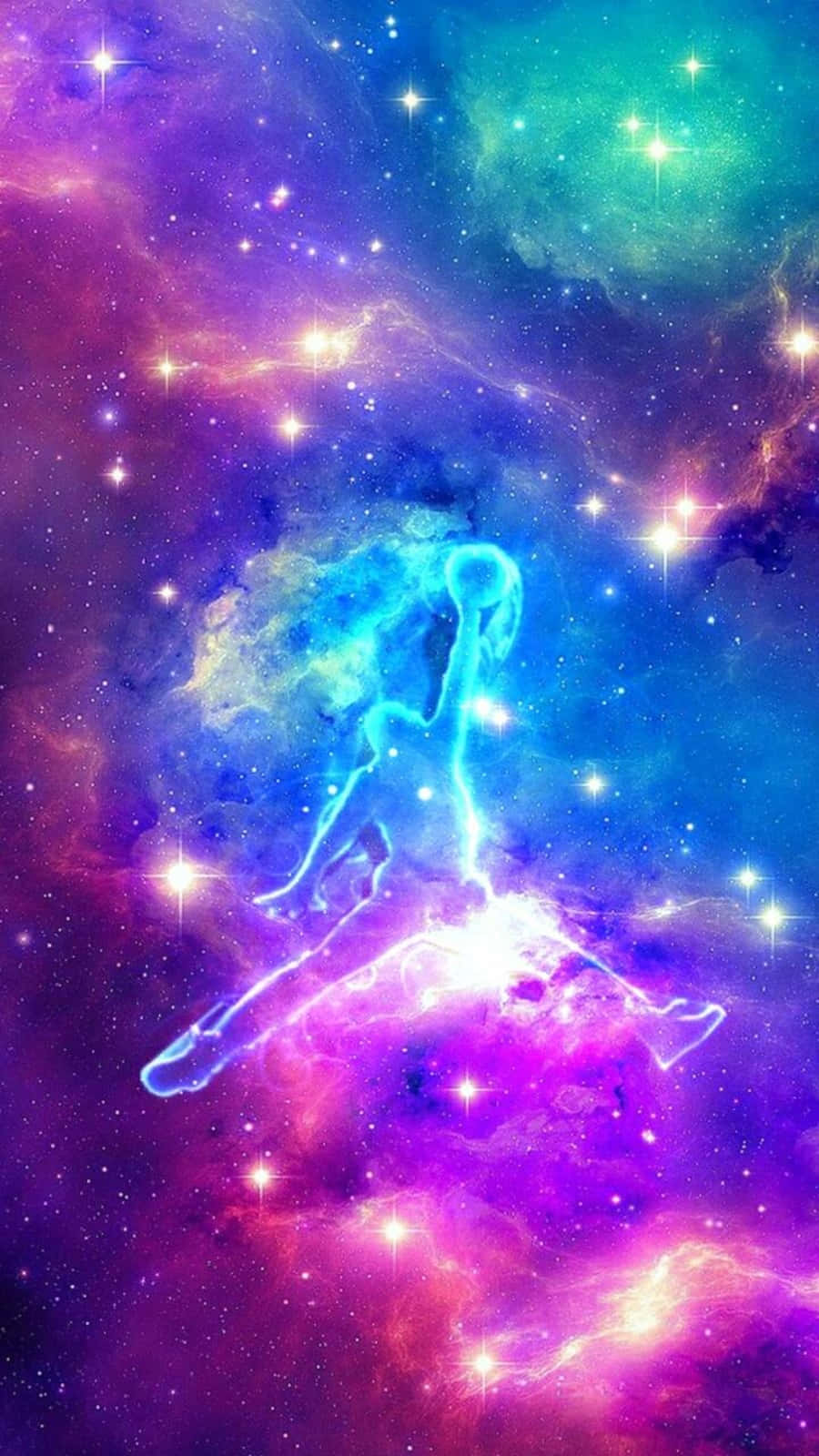 彩色動圖 桌布 壁紙 — 一個發光的藍色人形身影跳過充滿星星和旋轉紫色藍綠色雲彩的充滿活力的宇宙星雲。