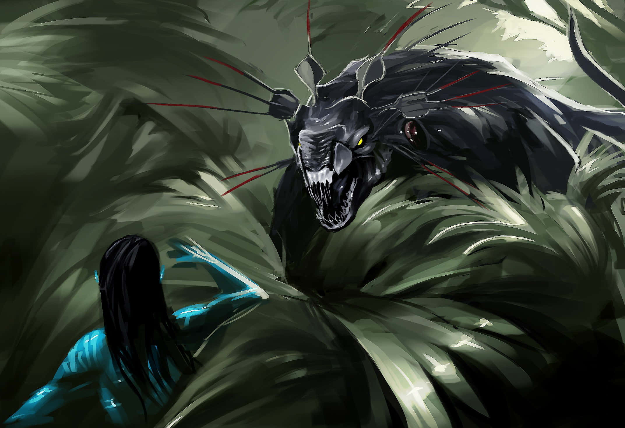 Avatar Pandora 桌布 壁紙 — 一個發光的藍色人物在黑暗、旋轉的綠色環境中面對一隻擁有鋒利牙齒和紅色觸角的 monstrous 黑色野獸。