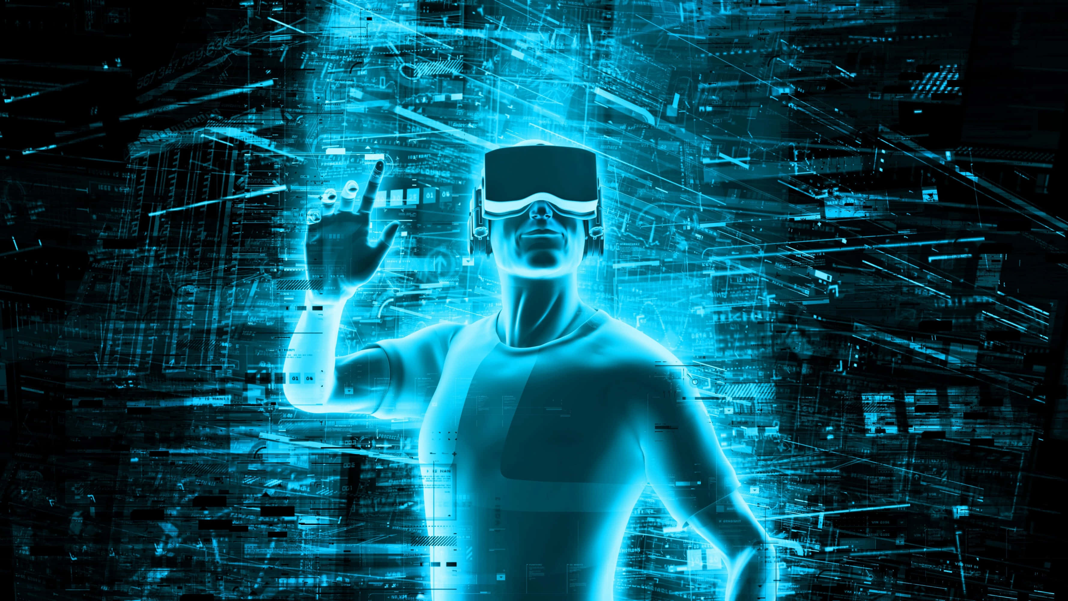 科技動圖 桌布 壁紙 — 一個發光的藍色人物戴著VR頭戴式裝置，在黑暗的科技背景下與漂浮的數位數據流互動。
