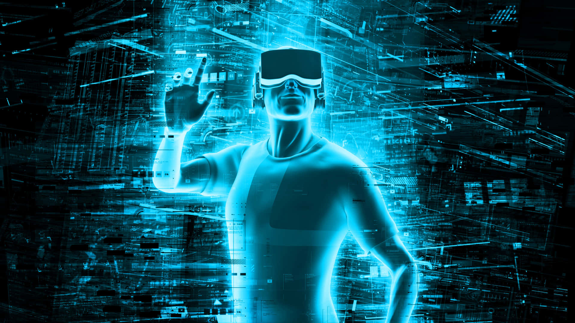 戴著VR頭戴式裝置的人觸摸發光的數位數據流。 — 科技動圖 壁紙