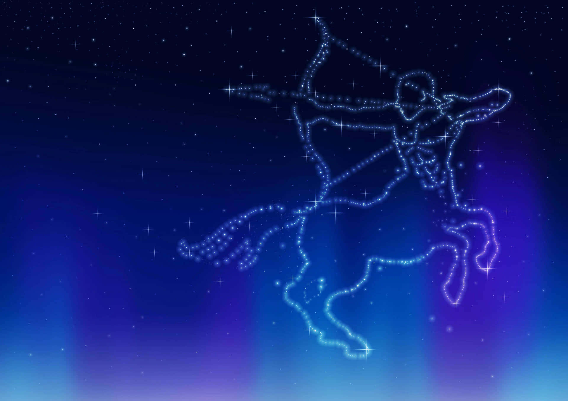 sagittarius 桌布 壁紙 — 一個發光的藍色人馬座星座，射手騎著半人馬，背景是繁星點點的夜空，帶有極光般的漸變色。