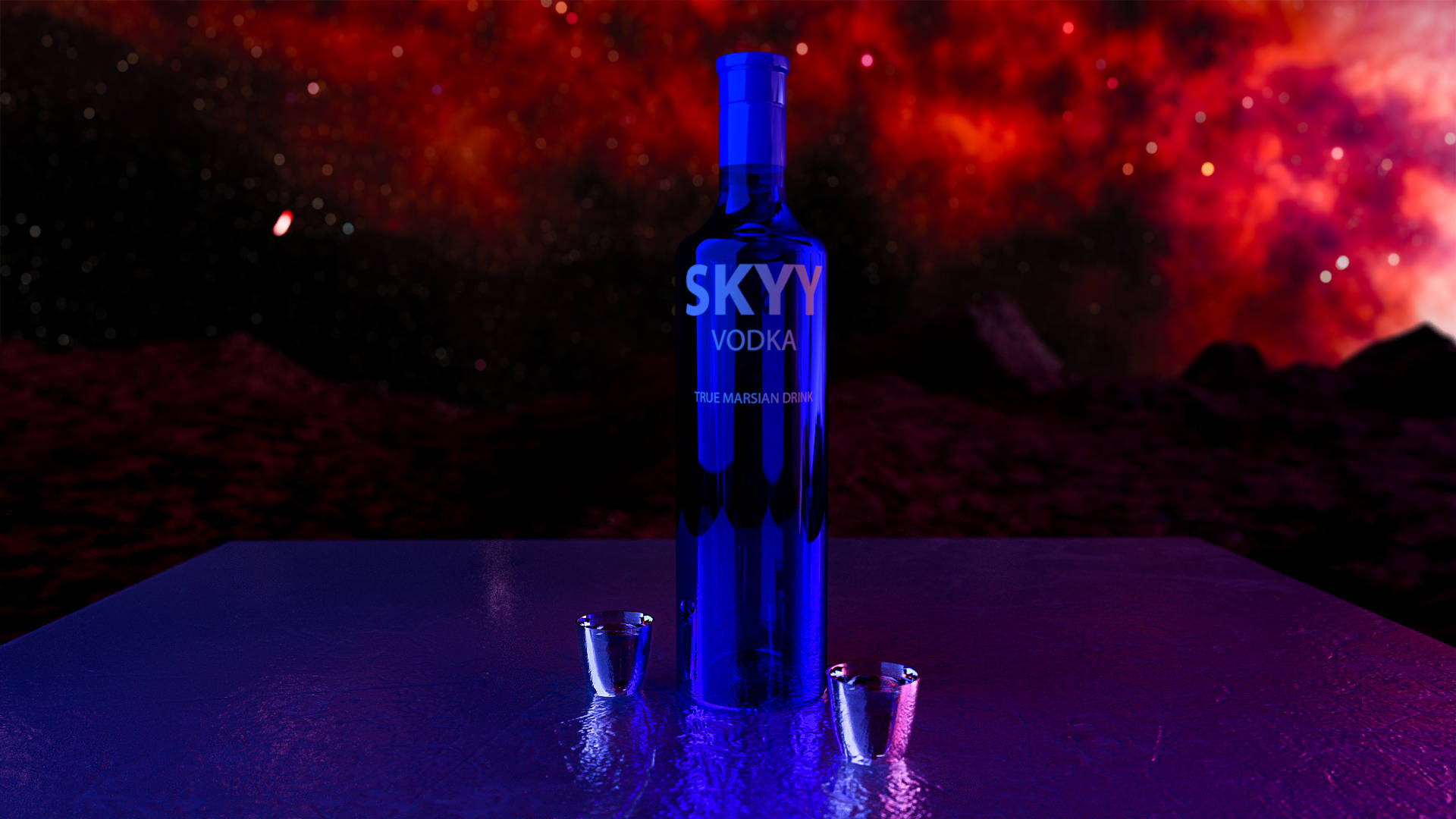 藍色 桌布 壁紙 — 一個發光的藍色伏特加酒瓶，標籤為「SKYY VODKA TRUE MARSIAN DRINK」，放在反射表面上，背景是火紅色的星雲。