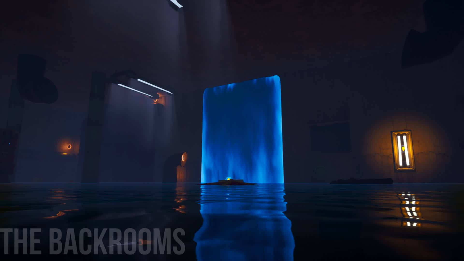 game 桌布 壁紙 — 一個發光的藍色傳送門從水中升起，位於燈光閃爍、漂浮著碎片的昏暗詭異房間內。