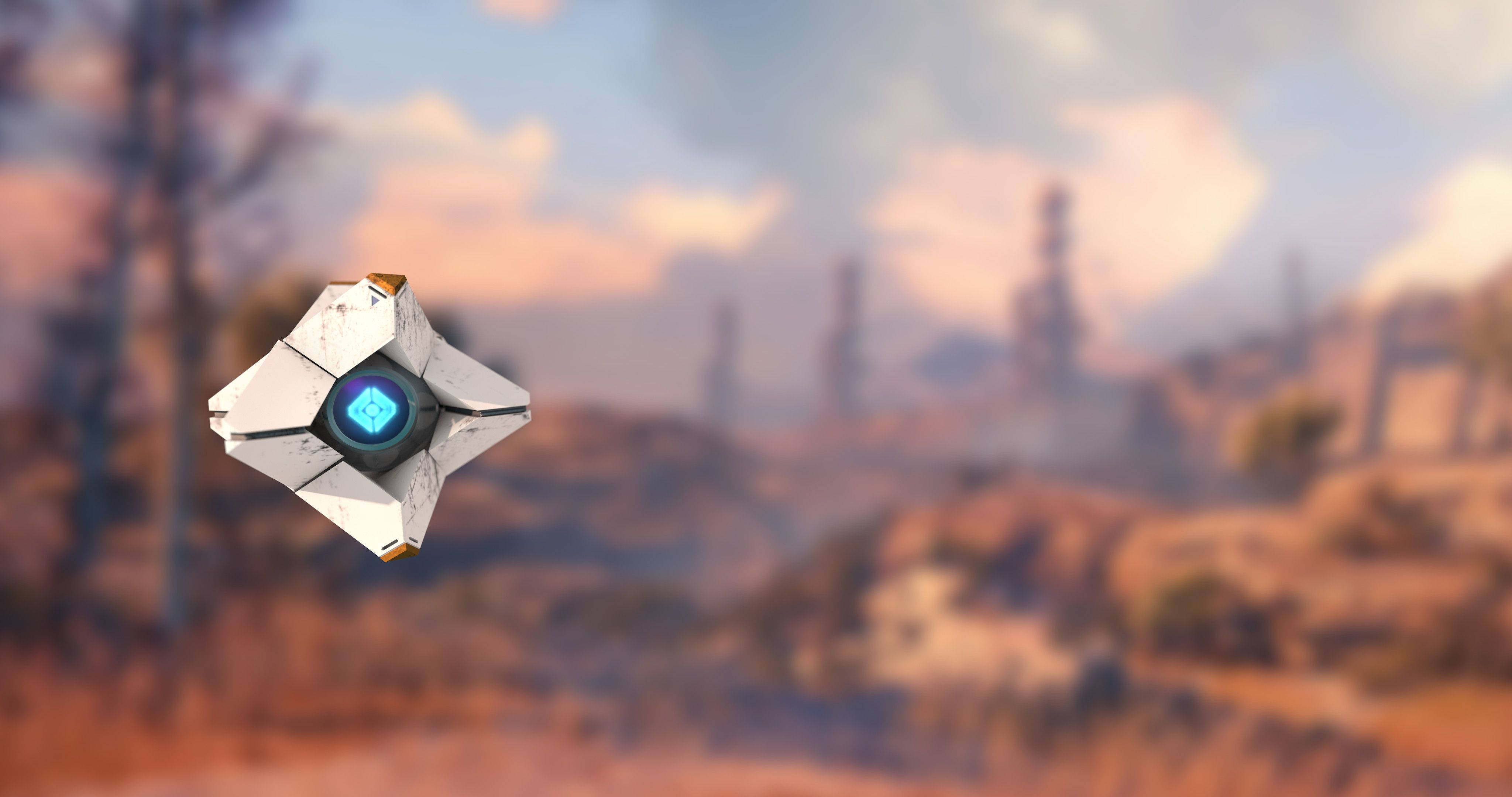 destiny 4K 桌布 壁紙 — 一個發光的藍色傳送門裝置在柔和的日落天空下懸浮於沙漠荒地中。