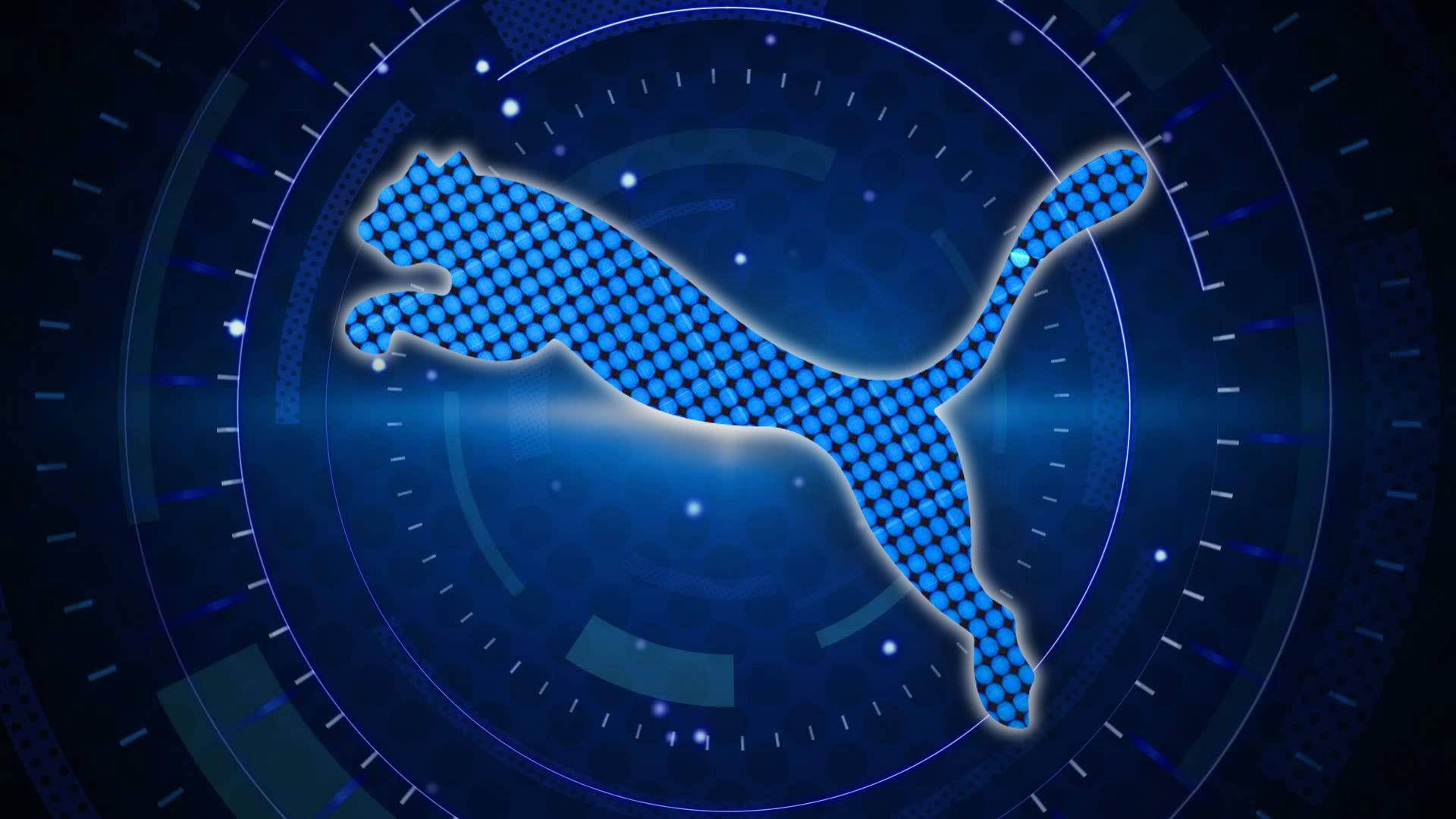 Puma 桌布 壁紙 — 一個發光的藍色像素化美洲獅剪影，居中於一個帶有同心圓HUD元素的未來感數位介面中。