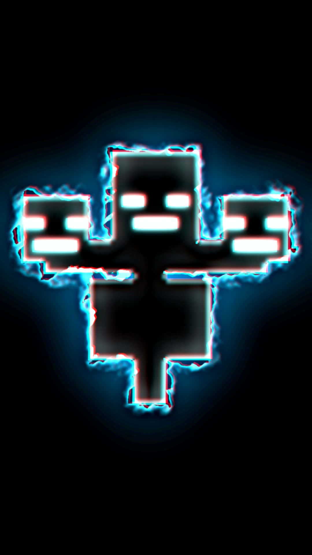 Minecraft Wither 桌布 壁紙 — 一個發光的藍色像素十字架，帶有火焰邊緣，在黑色背景上脈動。