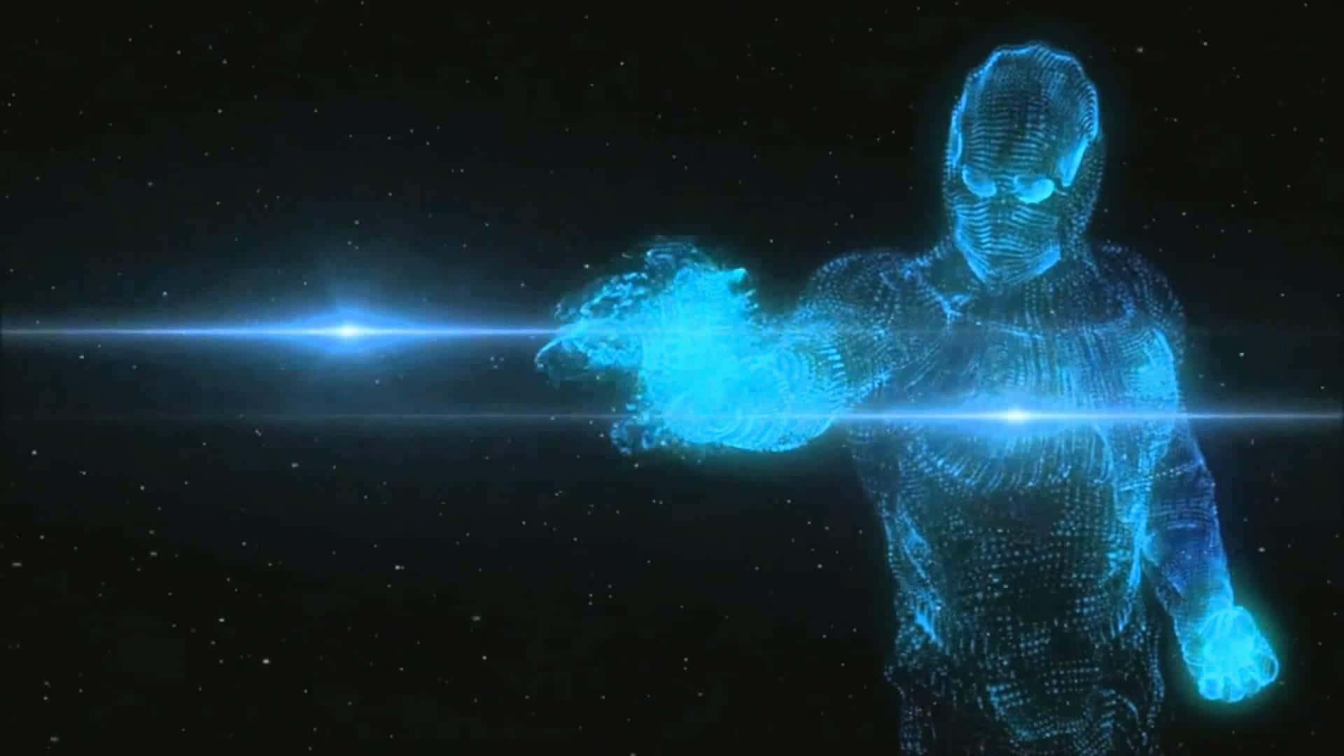 Hologram 桌布 壁紙 — 一個發光的藍色全息人形身影伸出手，在佈滿星空的宇宙虛空中發出一道明亮的光束。