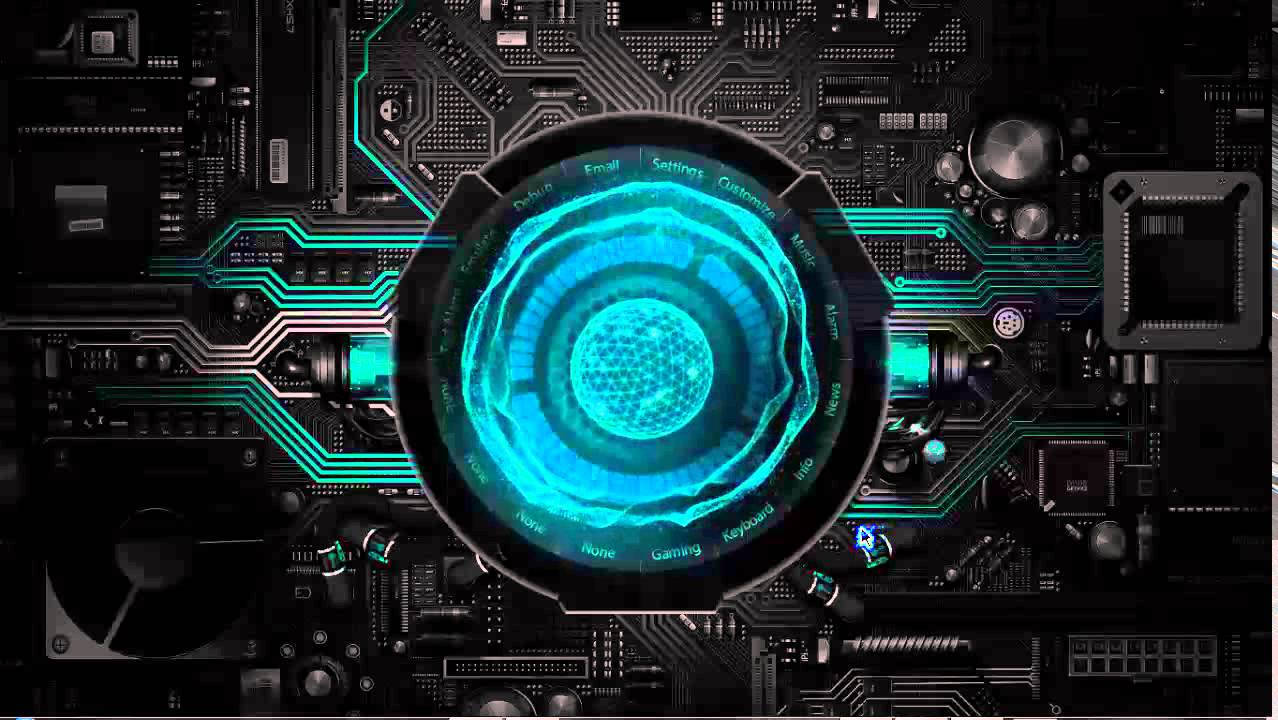Electronics 桌布 壁紙 — 一個發光的藍色全息介面懸浮在一個帶有綠色霓虹路徑的詳細黑色電路板上。