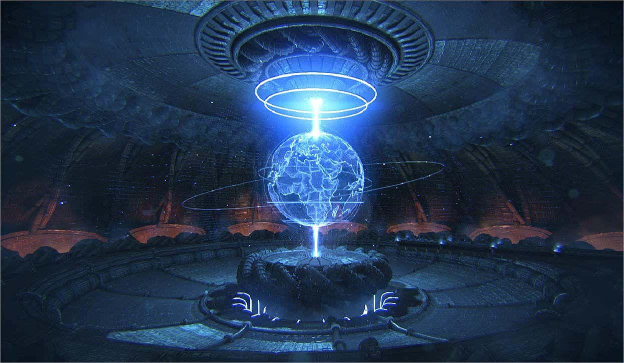 Hologram 桌布 壁紙 — 一個發光的藍色全息地球儀懸浮在圓形石製祭壇上，被環形光圈環繞，周圍是古老石製建築和微弱的橙色燈光。
