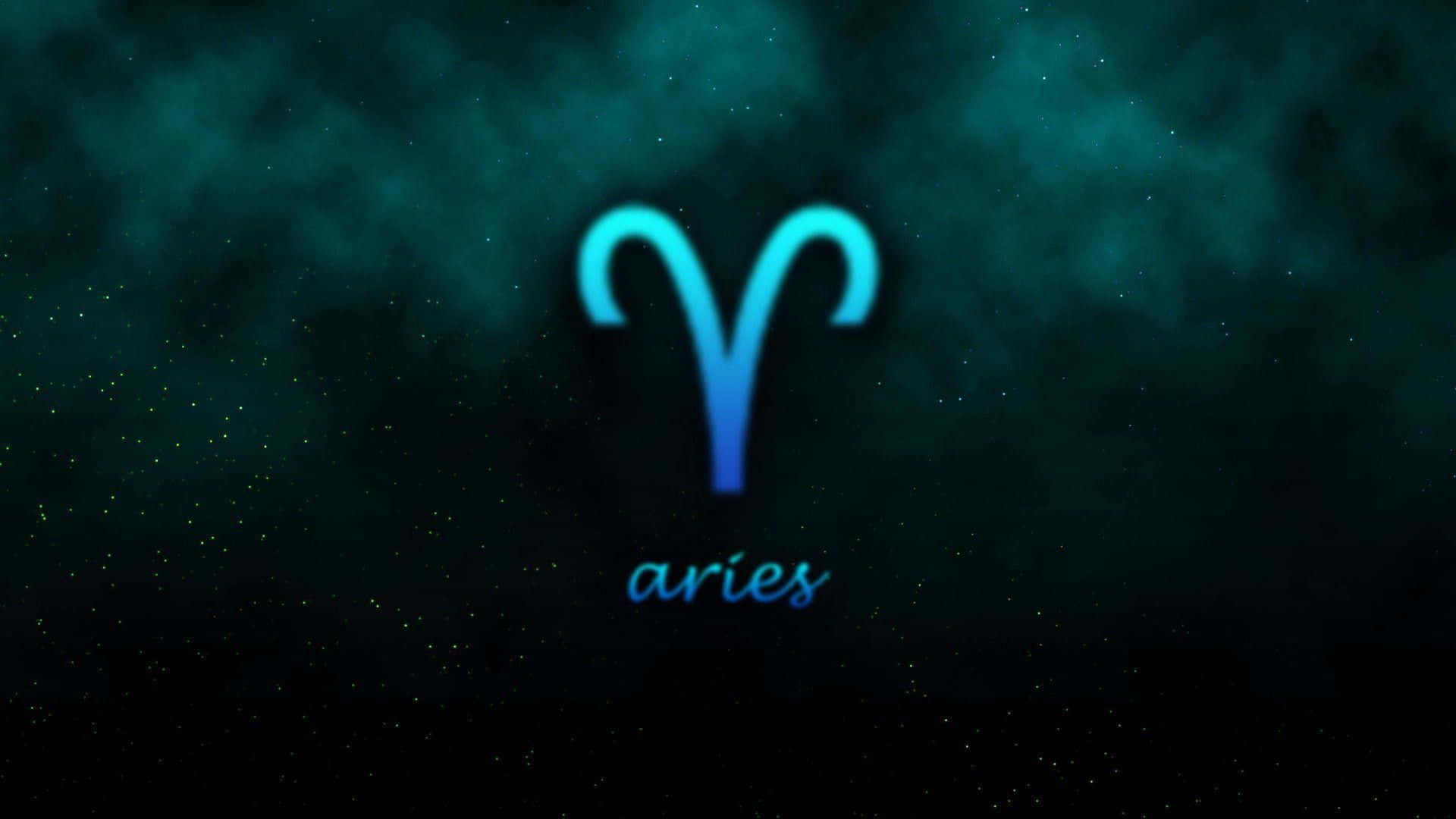 aries 桌布 壁紙 — 一個發光的藍色公羊符號代表牡羊座，漂浮在深藍綠色星空宇宙背景上。
