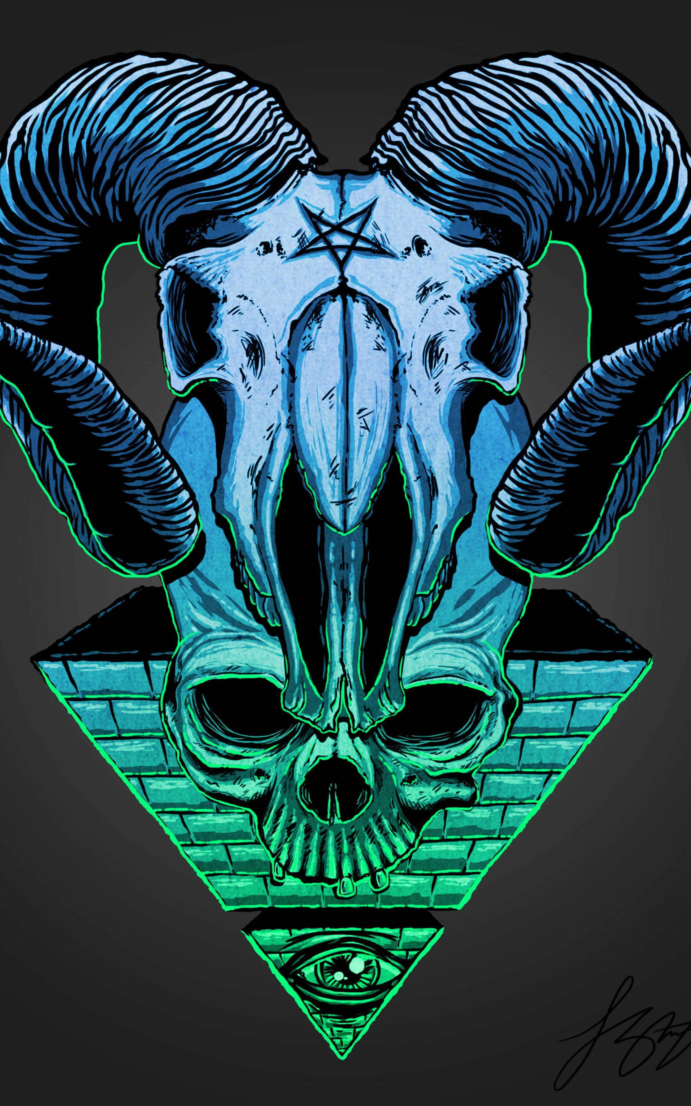 illuminati 桌布 壁紙 — 一個發光的藍色公羊頭骨，頂部有一個五角星，位於一個帶有全視之眼的綠色金字塔上。