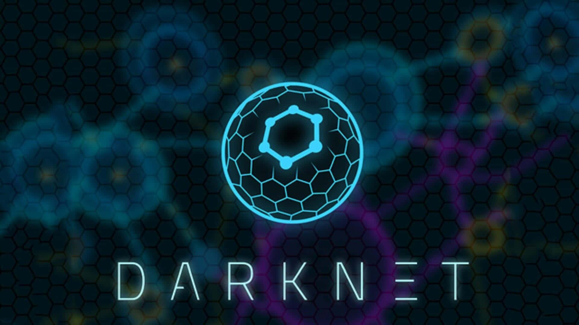 Dark Web 桌布 壁紙 — 一個發光的藍色六角形球體，帶有中央節點，漂浮在深色六角網格上方，下方以霓虹燈字母顯示 DARKNET 一詞。