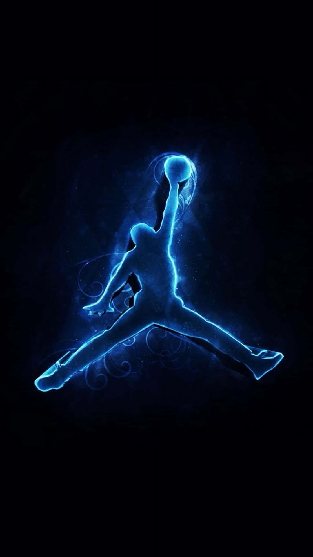 Air Jordan 桌布 壁紙 — 一個發光的藍色剪影，描繪一名籃球運動員在半空中灌籃，背景為深色。