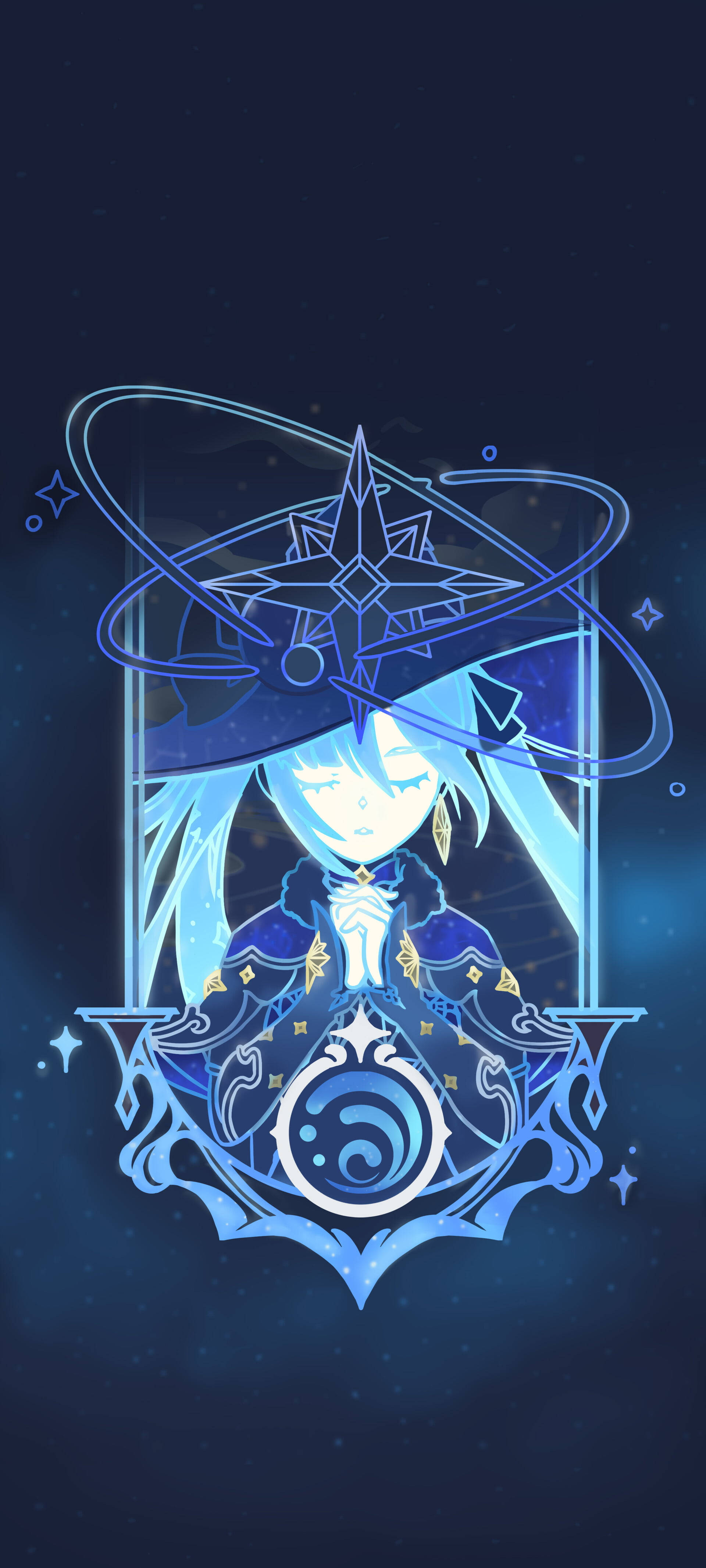 Genshin 桌布 壁紙 — 一個發光的藍色動漫女孩，長髮，戴著星星帽子，站在裝飾框架內，背景是黑暗的宇宙。