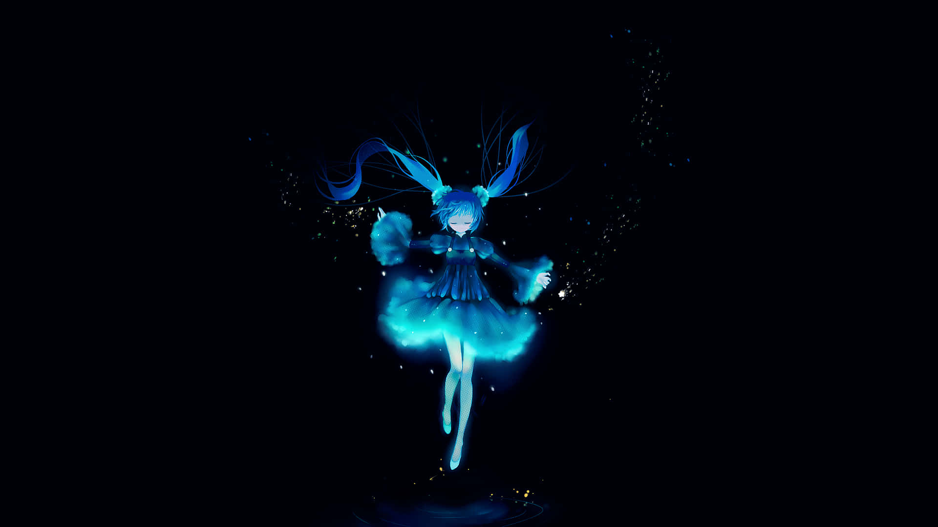 初音未來 桌布 壁紙 — 一個發光的藍色動漫女孩，雙馬尾在黑暗中漂浮，周圍環繞著閃爍的粒子。