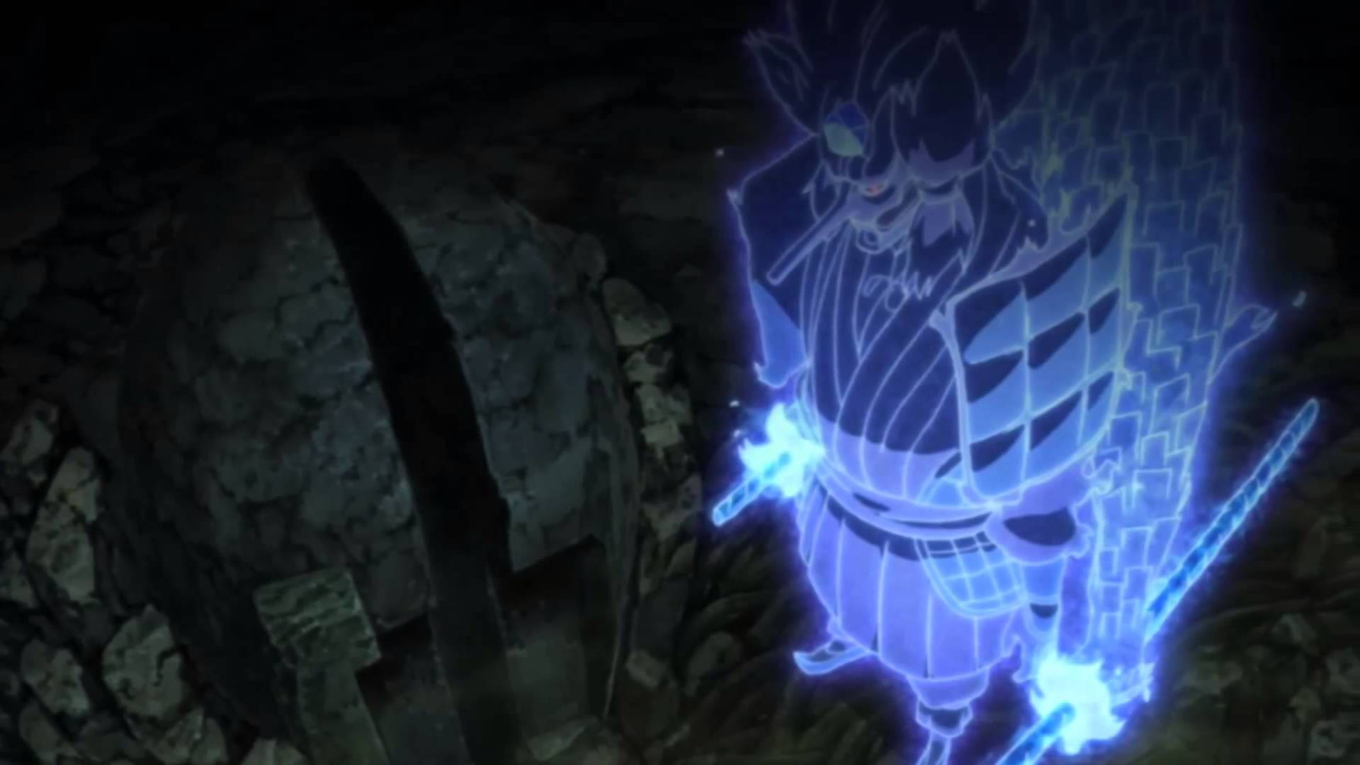 Susanoo 桌布 壁紙 — 一個發光的藍色動漫戰士穿著盔甲，站在黑暗的岩石洞穴中手持劍。