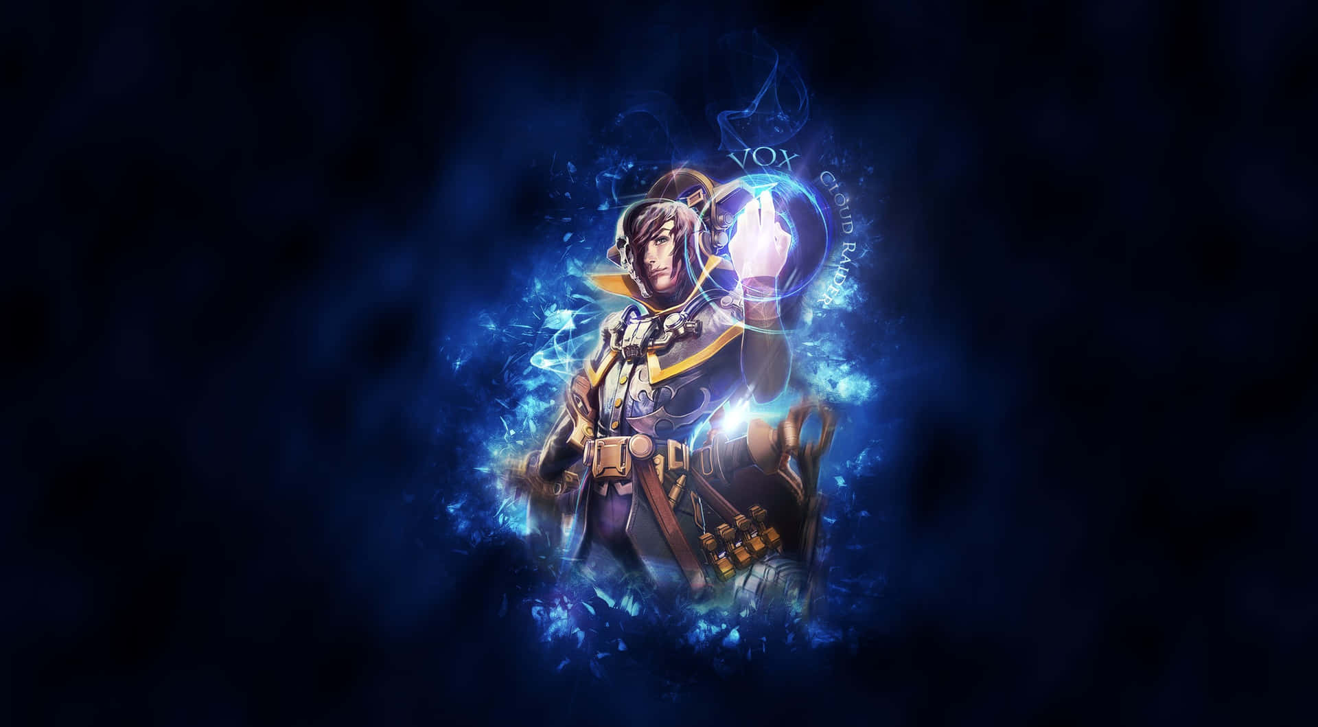 Vainglory 桌布 壁紙 — 一個發光的藍色動漫角色，戴著耳機和一個發光的球體，在黑暗背景下散發能量。