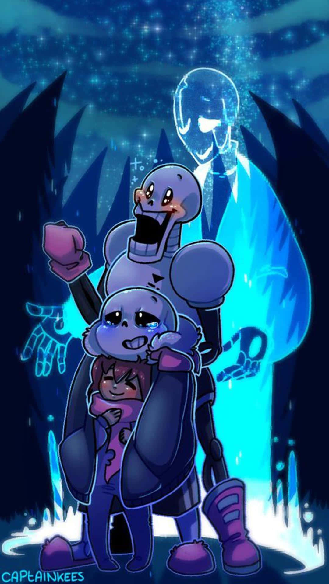 Undertale 桌布 壁紙 — 一個發光的藍色動畫角色，骷髏臉和紫色靴子，保護性地站在一個較小的哭泣角色上方，背景是星空夜空。
