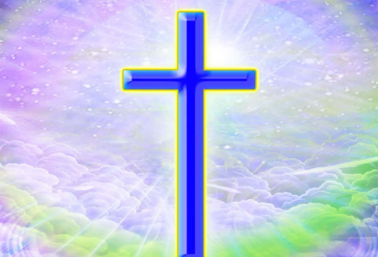 Beautiful Cross 桌布 壁紙 — 一個發光的藍色十字架在充滿蓬鬆雲朵和閃爍粒子的鮮豔粉彩天空中散發光芒。
