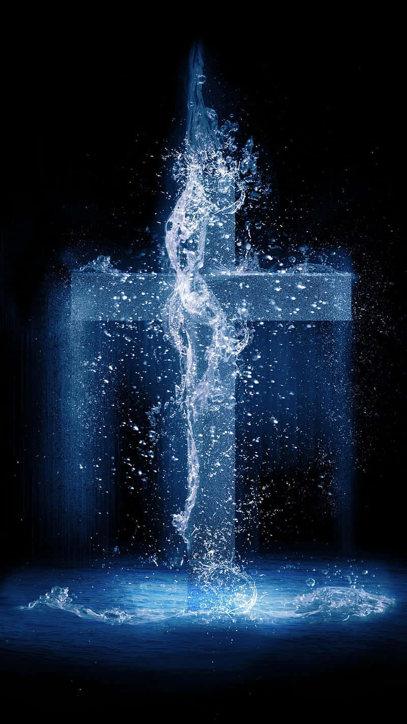 Jesus iPhone 桌布 壁紙 — 一個發光的藍色十字架從水中升起，水花四濺，背景黑暗。