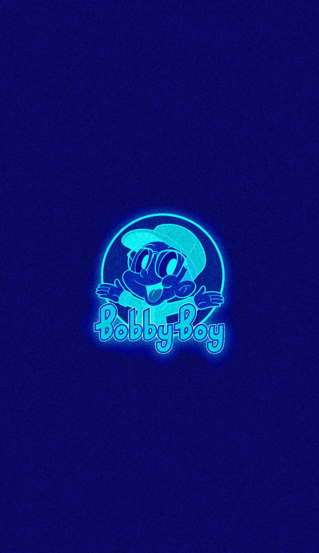 Cool Neon Blue 桌布 壁紙 — 一個發光的藍色卡通角色名叫 Bobby-Boy，戴著帽子和眼鏡，在深藍色背景上閃耀。