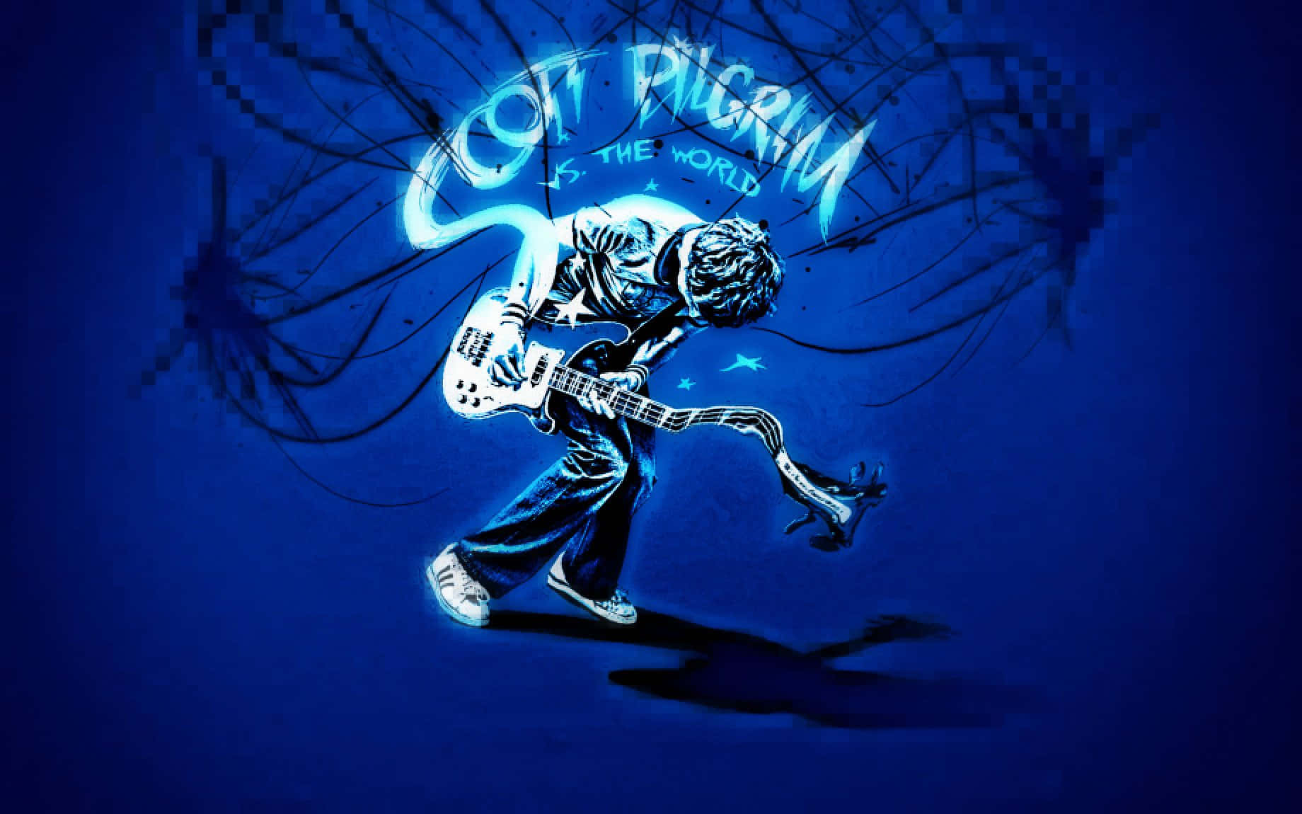 scott pilgrim 桌布 壁紙 — 一個發光的藍色吉他手在深藍色背景上動態跳躍，帶有電能及風格化文字。