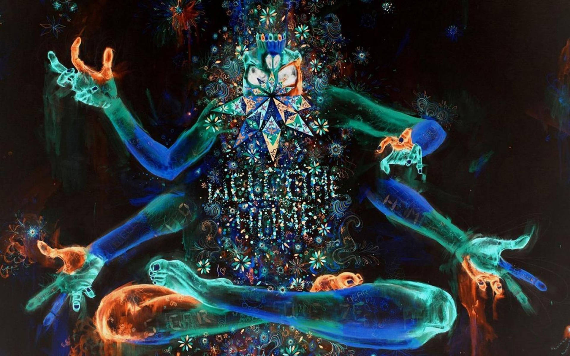 一個在黑暗背景下帶有花卉圖案的發光抽象人物。 — 迷幻暗黑美學 壁紙