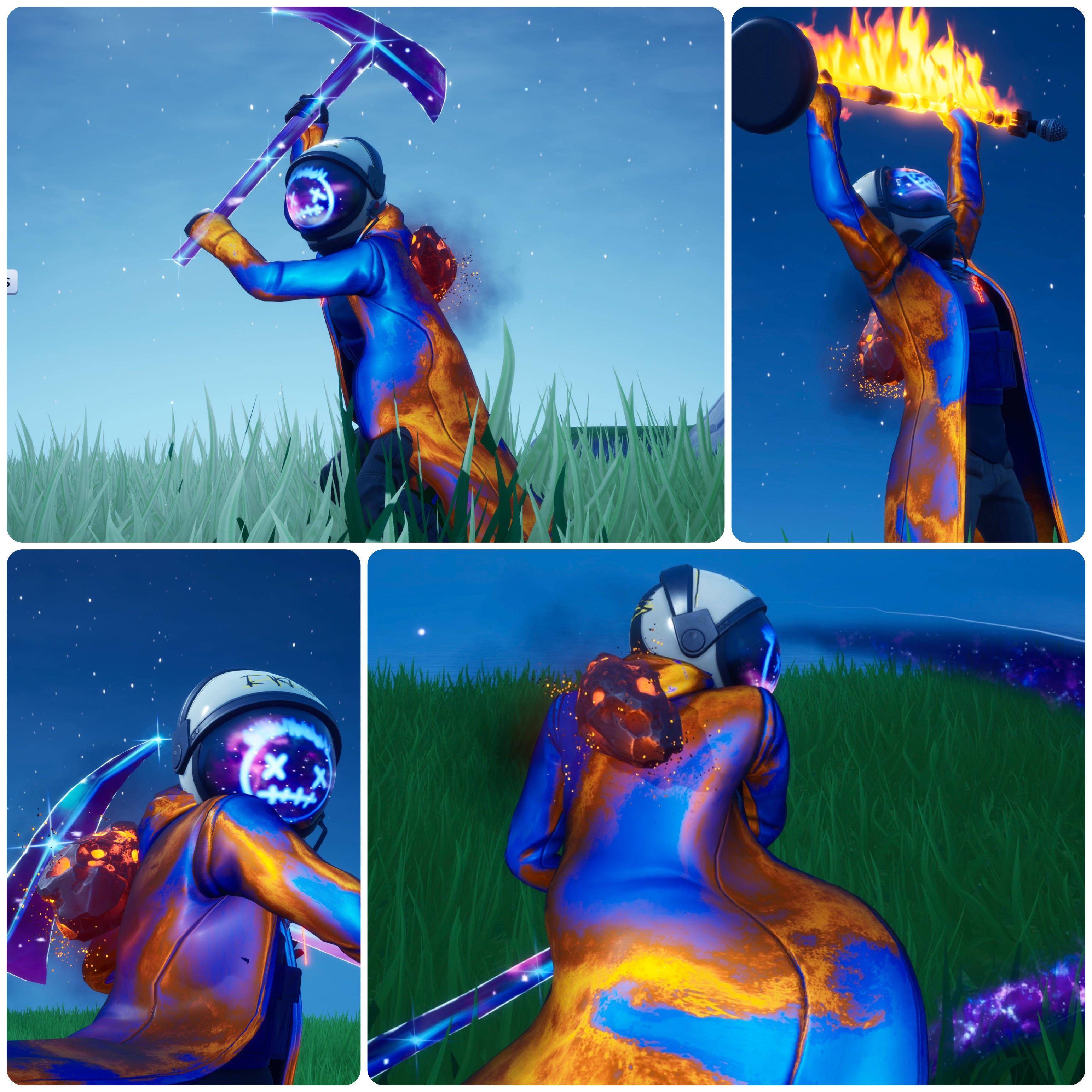 Travis Scott Fortnite 桌布 壁紙 — 一個發光的藍色和橙色裝甲人物在星空下的草地上揮舞著火焰鎬和盾牌。